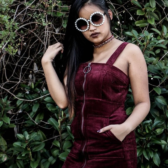 DARK PURPLE-RED CORDUROY DRESS + FRONT ZIPPER - Picture 2 of 4